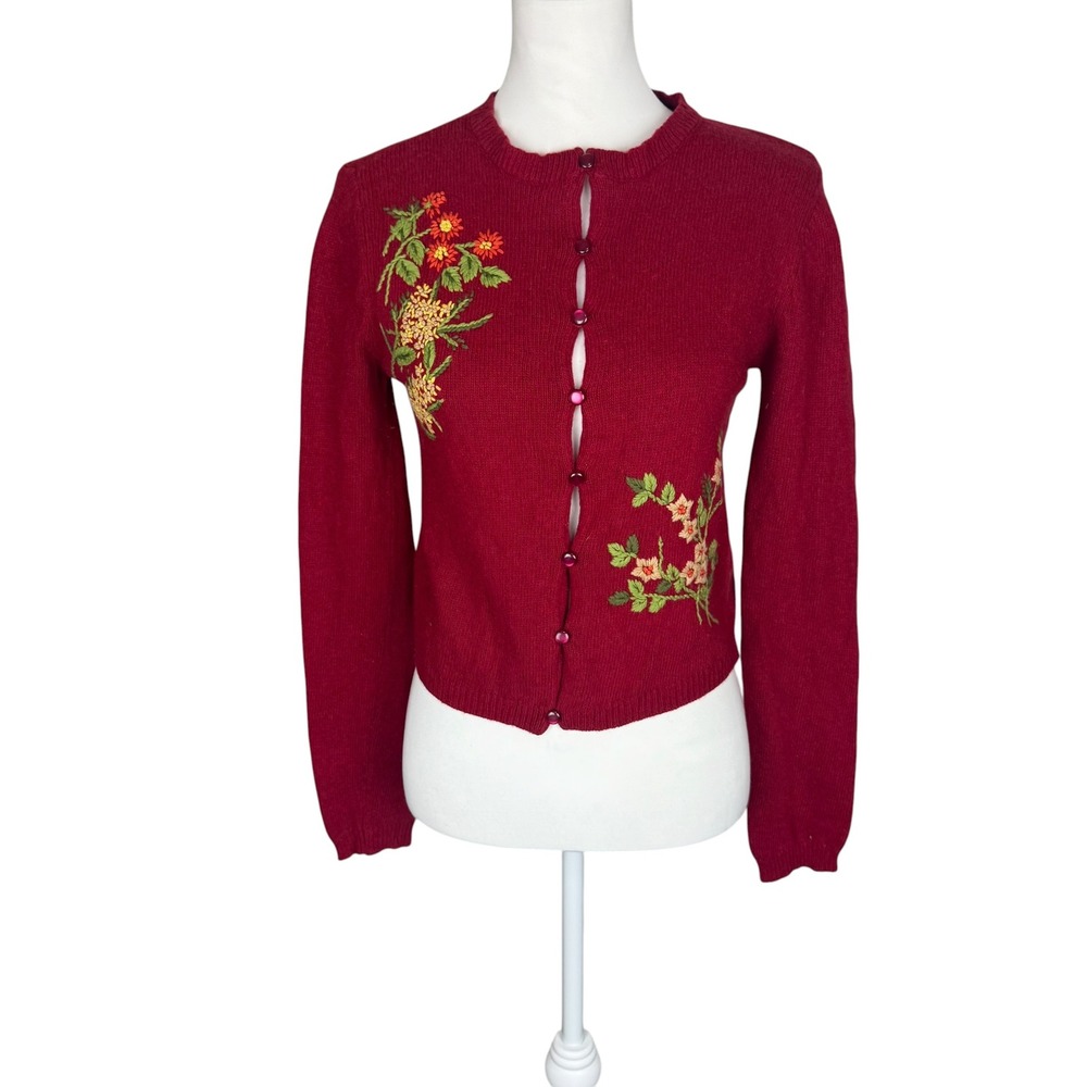 The Limited Vintage Burgundy Lambswool Floral Embroidered Cardigan Sweater M